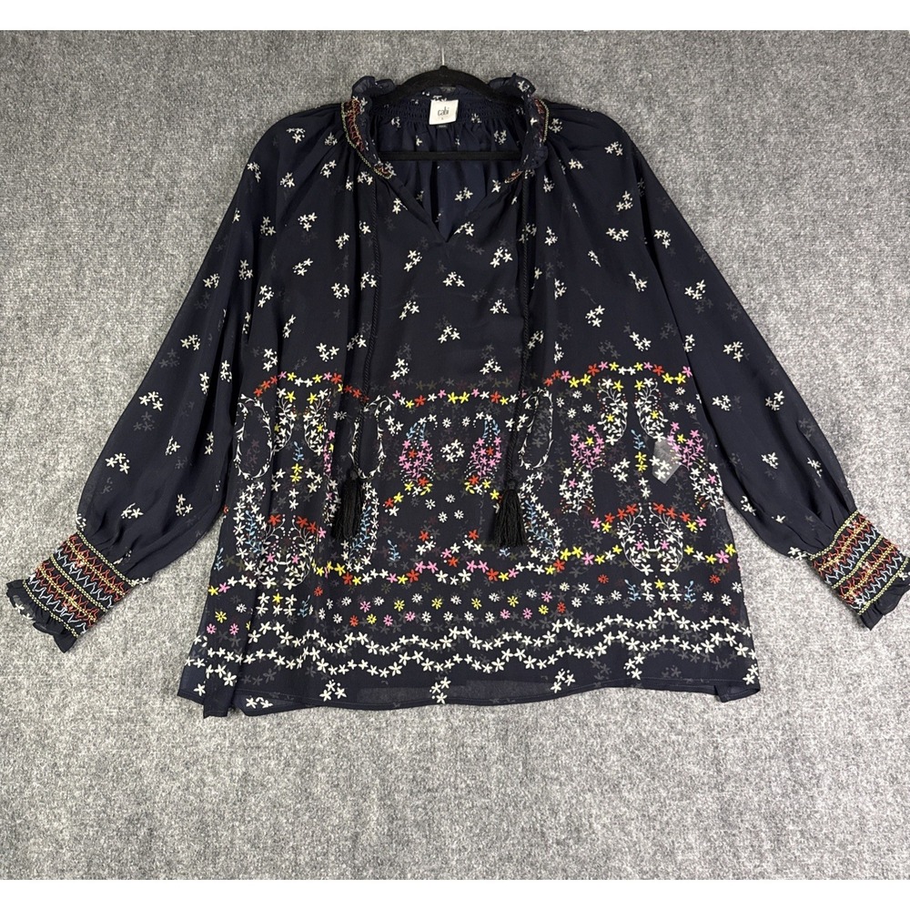 Cabi Enjoy Blouse Large Paisley Tassel Tie‎ Sheer Bohemian Smocked Navy Blue